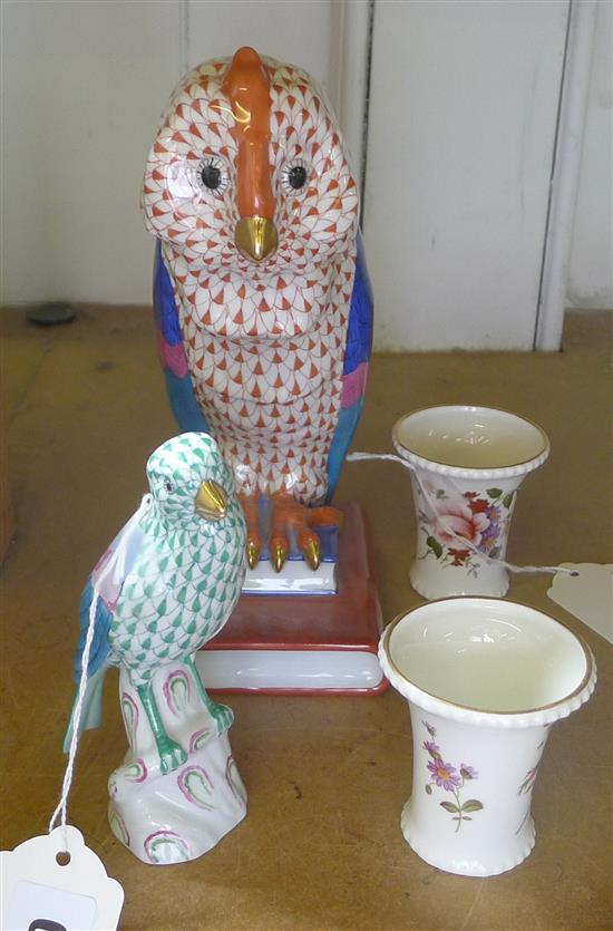 Herend porcelain owl bookend, another Herend model of a perching bird & pair Derby Posies miniature vases